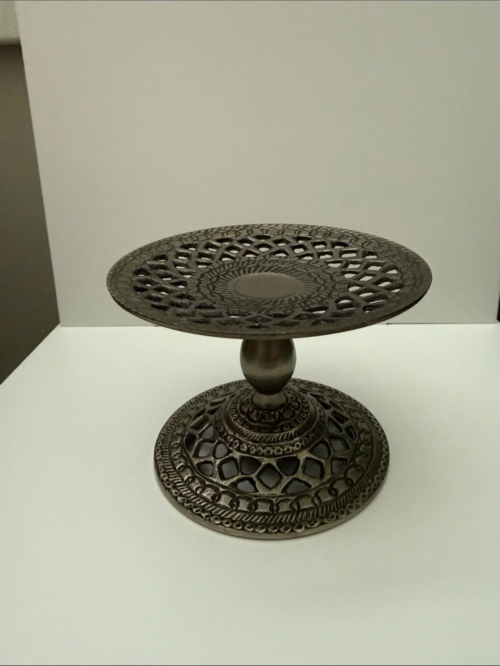 Vintage Mini Pierced Pedestal Candy Dish Cast Metal Pewter Tone 4” Tazza Trinket